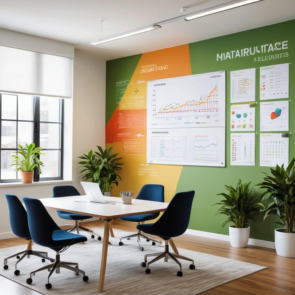 A dynamic workspace showcasing a diverse group of professionals collaborating effectively, surrounded by inspiring charts and motivational quotes on the walls. Include elements like a large whiteboard filled with colorful strategies and a digital device displaying productivity apps. A bright and energizing atmosphere with plants and natural light flooding in. super-realistic. vibrant colors. modern office design.