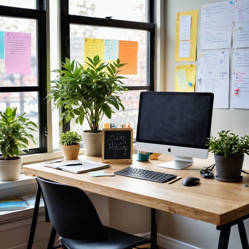 A cozy, modern workspace with a sunlight-drenched window showcasing a clutter-free desk equipped with a laptop and productivity tools. In the background, a chalkboard filled with colorful diagrams and sticky notes illustrates efficiency strategies. A serene plant beside the desk adds a touch of nature, embodying a balanced approach to work. The scene should evoke a sense of calm and inspiration. vibrant colors. super-realistic.