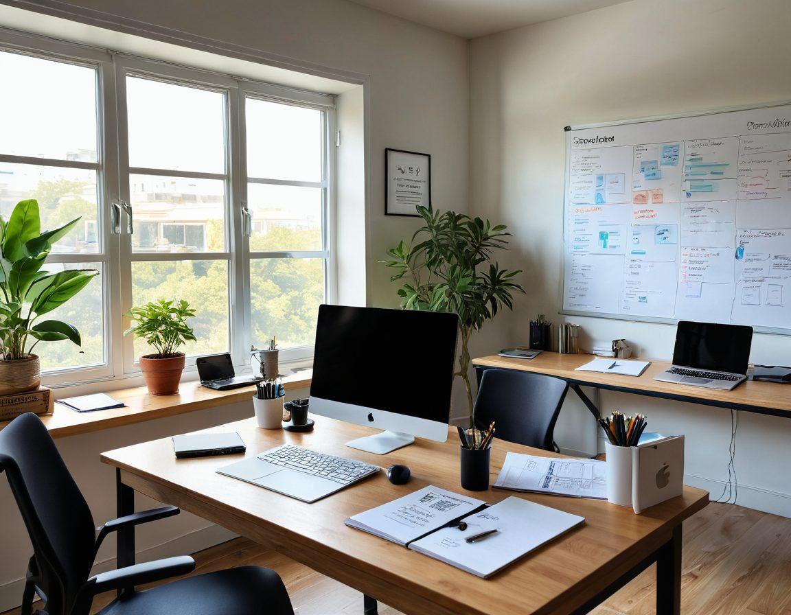 A serene office environment showcasing an expert focused on productivity strategies, surrounded by digital tools and flowcharts depicting efficient workflows. Sunlight filters through large windows, highlighting a tidy desk with a laptop and notepads, symbolizing a blend of modernity and simplicity. Add a motivational quote on a whiteboard in the background, emphasizing effortless efficiency. super-realistic. vibrant colors. clean background.